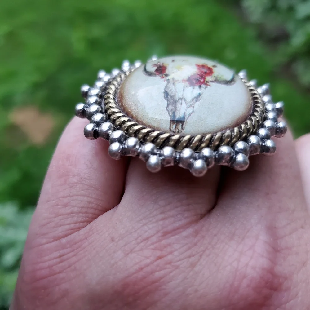 south western Cow Skull Steerhead Bubble Dome boho rustic Statement Ring  nwt